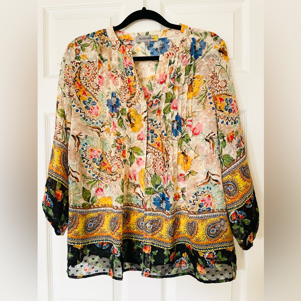 EUC 🌸 Figueroa & Flower | Sheer Floral Paisley Peasant Blouse